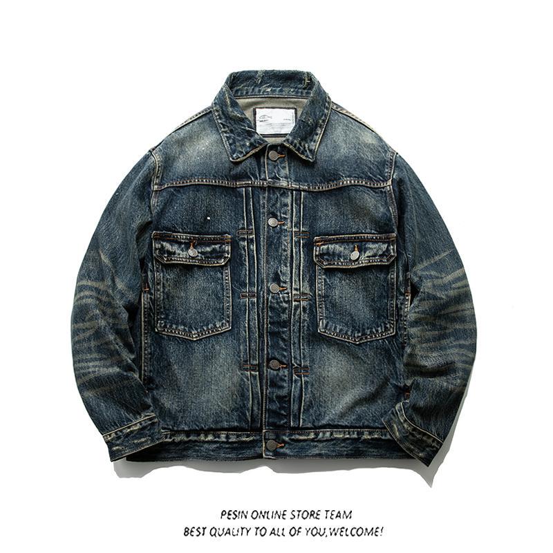 Japanese Trendy Brand Vintage Heavy Washed Oil-Stained Distressed Selvedge Denim Jacket Cityboy Workwear Coat