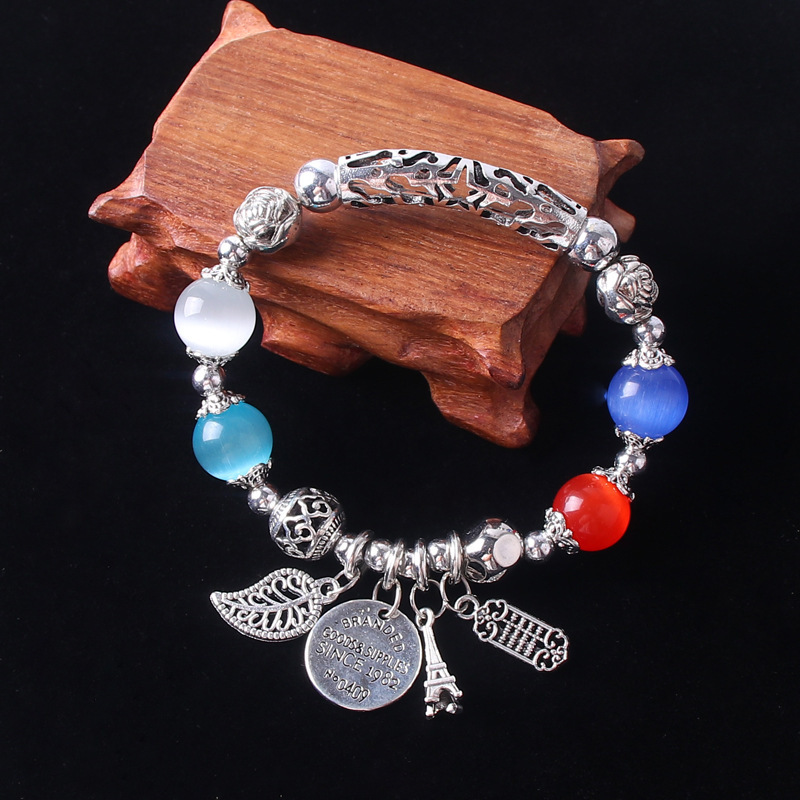 Pan's Multi-Element Crystal Bracelet, Travel-Style Antique Cat's Eye Jewelry, Vintage Tibetan Silver Cat's Eye Stone Bracelet