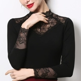 Кружевной шелковый приятный телу черный флисовый осенний лонгслив, высокий воротник