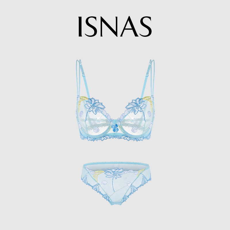 French Isnas Sexy Lingerie for Women, Ultra-Thin Lace Transparent Large Size Bra, Beautiful Back Embroidered Cherry Bra Set