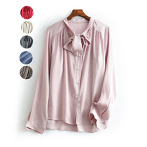 Silk shirt New Heavy stretch womens long sleeve jacket loose temperament bow solid color mulberry silk 0L shirt