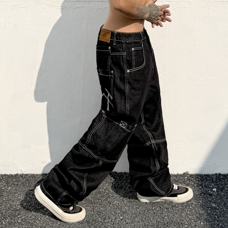 Trendy American Street Style Embroidered Black Jeans for Men, Loose Fit, 2026 Small Straight Leg Hip-Hop Casual Trousers