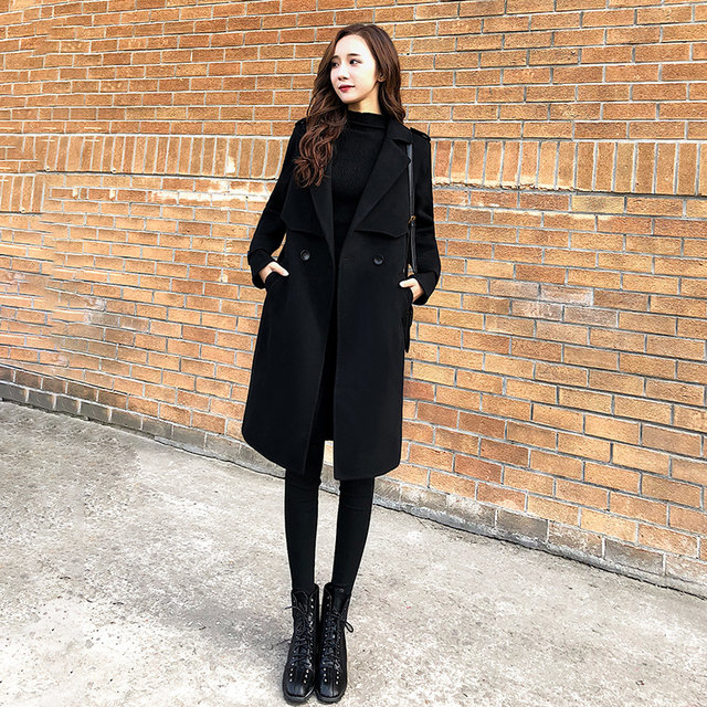 Black double-sided cashmere coat for women mid-length high-end 2023 new winter wear temperament woolen coat jacket