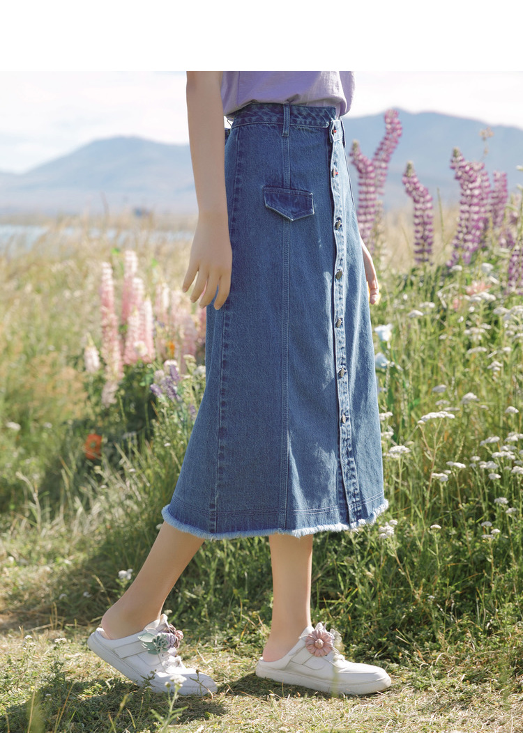 Inman cotton 2019 hè mới cài cúc cá tính thô nghệ thuật Một chiếc váy xòe dài nửa váy denim nữ - Váy chân váy tennis đen