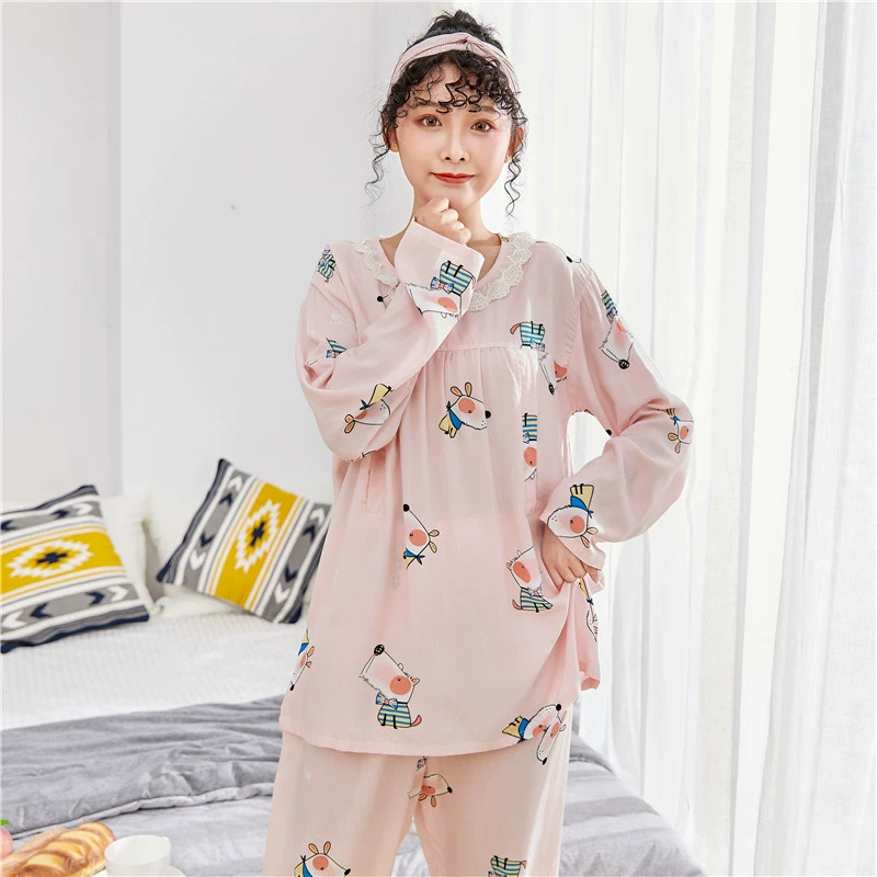 Phụ nữ mang thai dự kiến ​​sinh con bộ đồ ngủ cotton lụa quần áo bầu mùa hè mỏng phần sau sinh mùa hè siêu mỏng cotton lụa quần áo mặc nhà - Giải trí mặc / Mum mặc