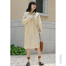 Flower gig A549 yellow wind coat small sub-temperament shirt skirt woman mid-length pure cotton linen shirt dress shirt dress shirt