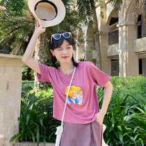 Flower gig A478 beauty girl printed pink pure cotton short sleeve T-shirt woman loose Han version red rose pink blouse