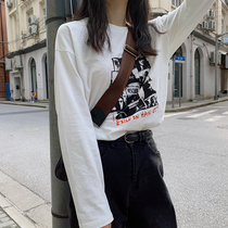 Hua Ji white t-shirt womens long-sleeved ins Port wind white body pure cotton tide printing top spring base shirt loose A206