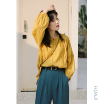 Hua Ji yellow round neck wooden ear edge pure cotton bubble sleeve shirt womens design sense niche shirt top student A383