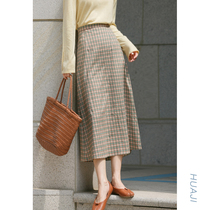 Flower gig Q135 army green retro high waist cover slim fit slim plaid half body dress A word skirt with long coveting short skirt