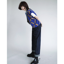 Flower gig A578 blue salt series Loose Maggie V Collar Crash Color Knit Waistcoat Vest Lady Spring Autumn 100 Hitch Clip