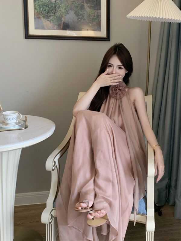 Gentle Style Mesh Floral Cut-Out Halter Neck Dress for Women, Summer 2026 New Pink Loose A-Line Long Dress Gentle Style Mesh Floral Cut-Out Halter Neck Dress for Women, Summer 2026 New Pink Loose A-Line Long Dress