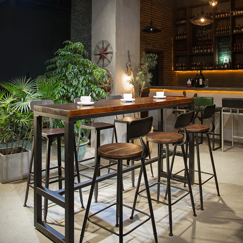 loft retro coffee hall milk tea shop leaning against wall, table domestic strip solid wood bar table high chair combination