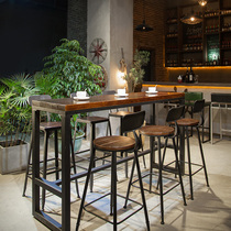 loft retro cafe milk tea shop wall bar table Household long solid wood bar table high chair combination