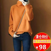 Giải phóng mặt bằng đặc biệt cung cấp lỏng áo len cashmere màu cam nữ cổ áo len cao cổ đáy quần áo len mũ trùm đầu lười biếng