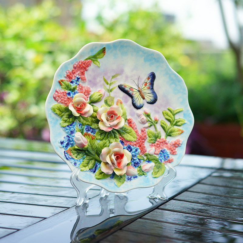 Porcelain Hanging Plate US Rural Decorative Plate European Plate Decorative Plate Porcelain Holder Rose Butterfly