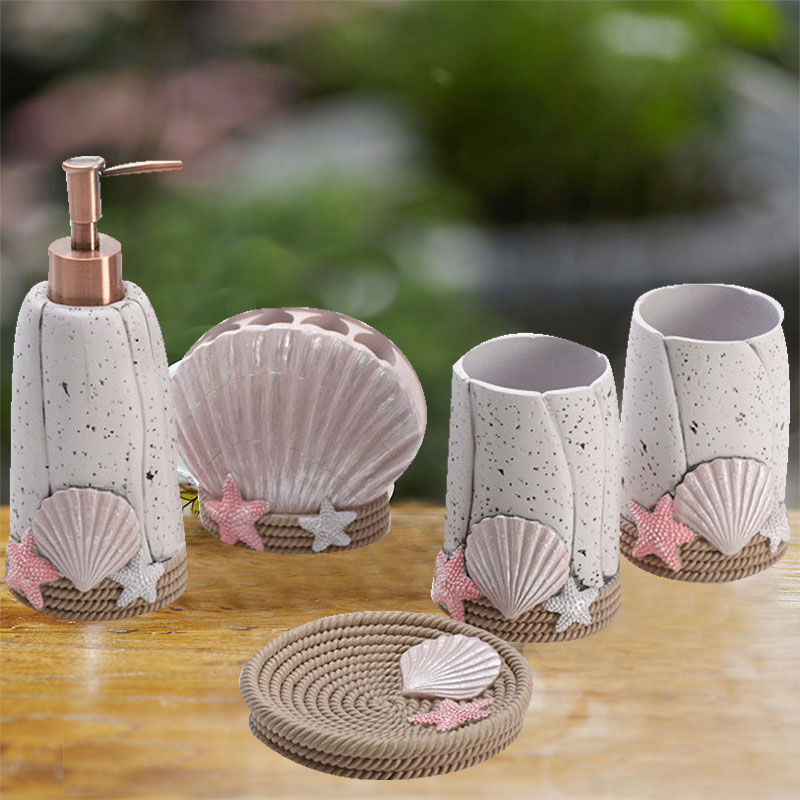 Resin washing suit Wash Suit Liquid Bottle Large Barrel Trash Cans Beach Shells Bathroom 5 pieces Bathroom Decoration Kit