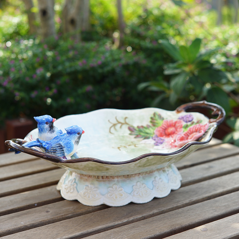 High foot double ear fruit tray Tray Ceramic Fruit Tray Creative Fruit Basin Big Fruit Pan Tea Dot Dish Blue Phoenix Wedding Gifts