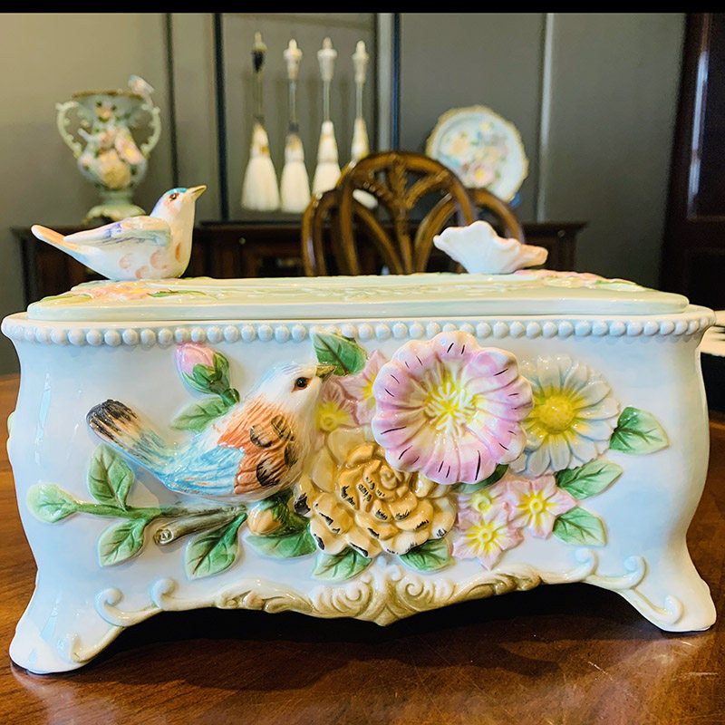 Eurorhyming Flower Ceramic Paper Towel Box Method New Chinese Style American Classical Rectangular Toilet Paper Box Living Room Face Towel Paper Box