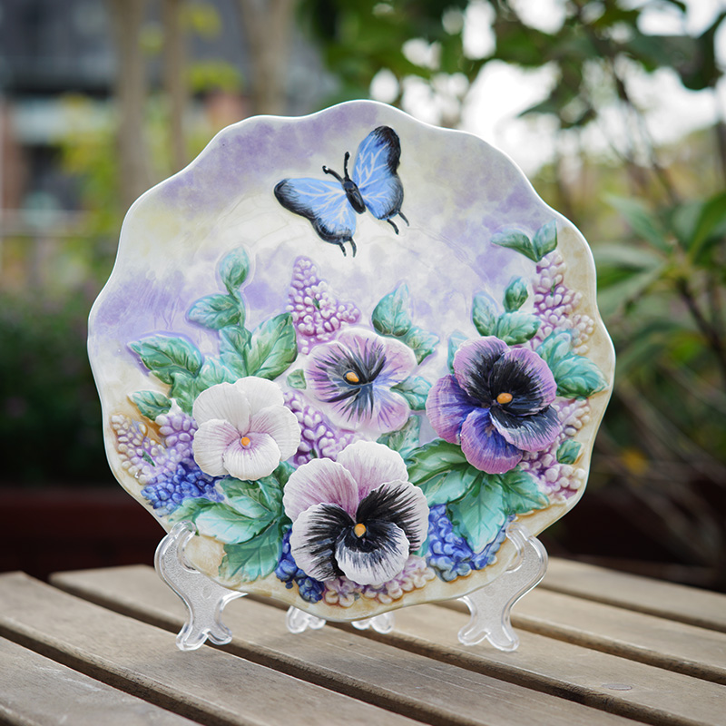 Ceramic hand-painted pastoral hanging plate decorative plate home wall pendant wall ornament ornament butterfly bracket hook