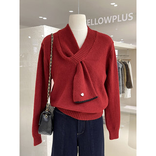 Sweet and unique scarf integrated design pullover sweater