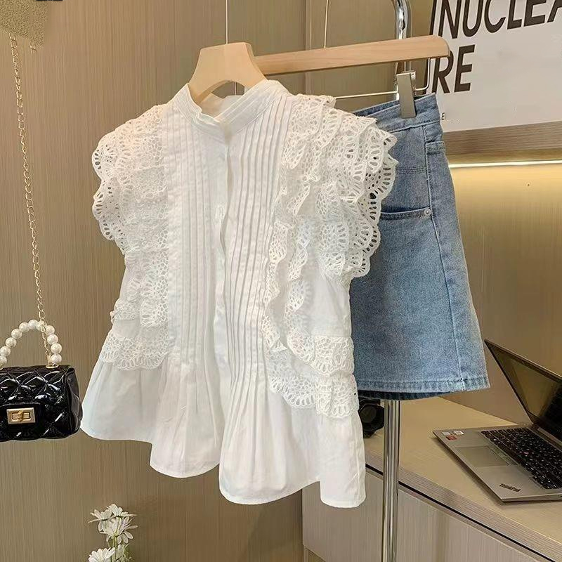 Shenzhen Nanyou High-End Designer Women's Clothing French-Style Heavy Lace Flutter Sleeve Blouse Women's Short Summer Top Shirt Shenzhen Nanyou High-End Designer Women's Clothing French-Style Heavy Lace Flutter Sleeve Blouse Women's Short Summer Top Shirt