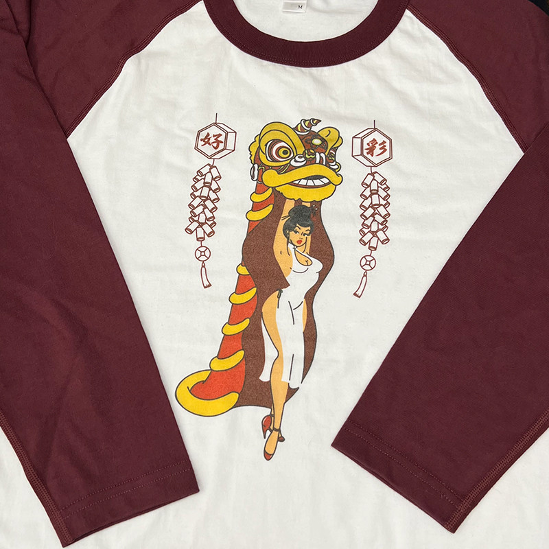 oldschool 唐人街美式漫画风舞狮lady 插肩撞色长袖男女款情侣