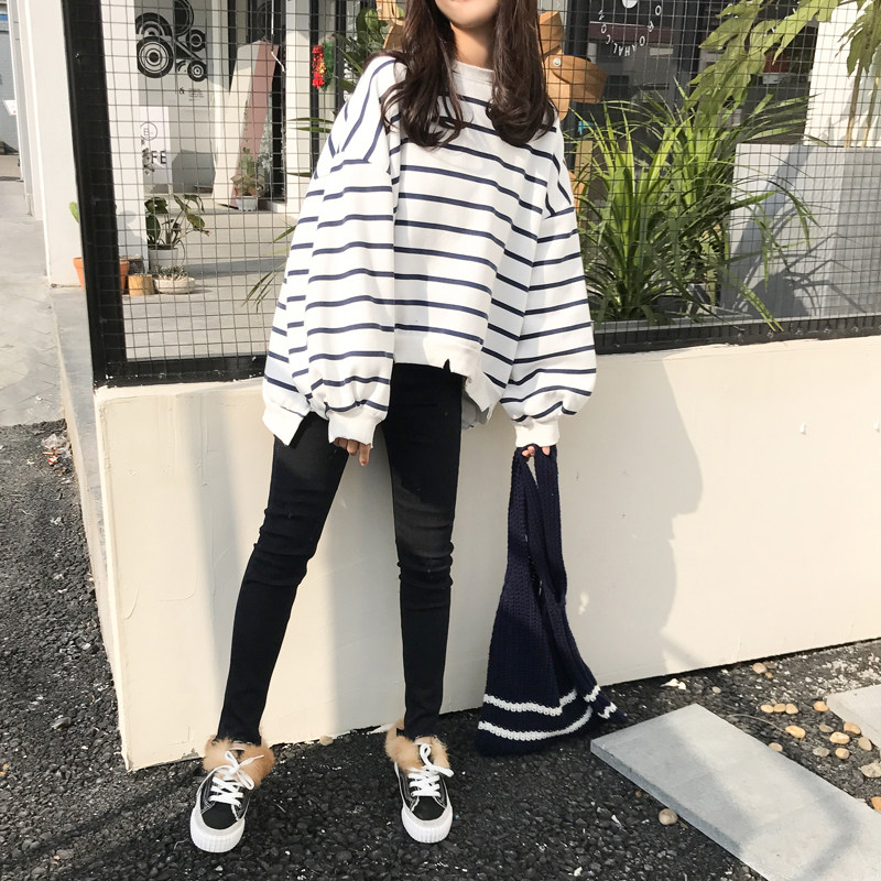 EKOOL宽松破洞加绒加厚套头卫衣韩版冬季学生条纹女上衣长袖外套