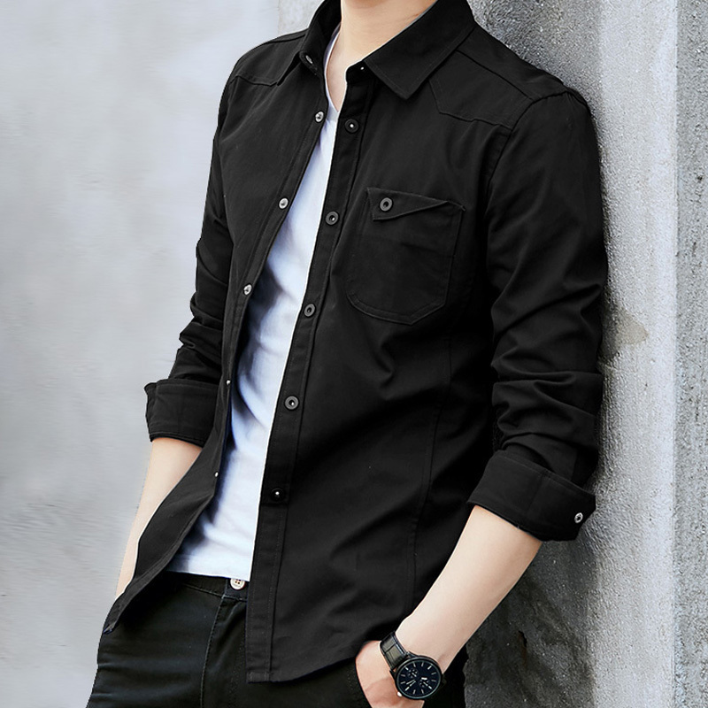 Men's Long-Sleeved Shirts, Korean Style Casual Shirts, Trendy Pure Cotton Shirts, Solid Color Spring and Autumn Thin Men's Jackets