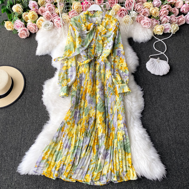 Lace-up bow collar large swing chiffon dress new Mori fashion temperament waist floral pleated long skirt