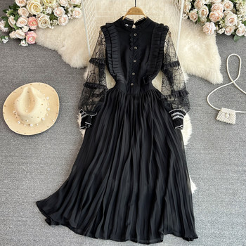 Hepburn style high-end long-sleeved round neck ruffled waist slimming A-line pleated dress elegant swing long skirt