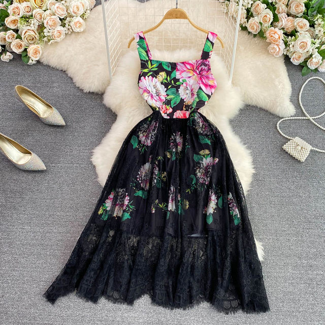 Summer high-end light luxury suspender skirt fashion high waist thin printing mesh stitching sleeveless a-line dress female