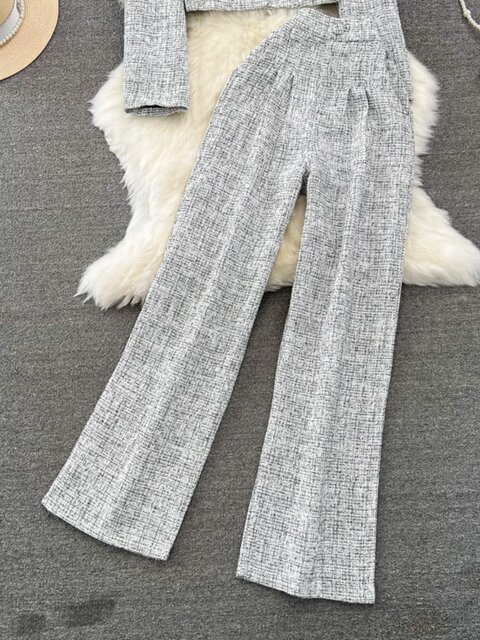 Fashion Suit Women's Korean Style Round Neck Single-Breasted Shirt Jacket Two-piece Casual High Waist Slim Straight Leg Wide Leg Pants