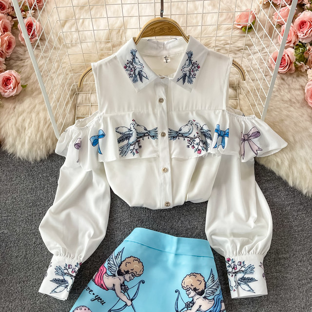 Fashion Suit for Women, Spring and Autumn New Style, European and American High-End Long-Sleeved Off-Shoulder Shirt Two-Piece Set, High-Waisted Hip-Hugging Skirt