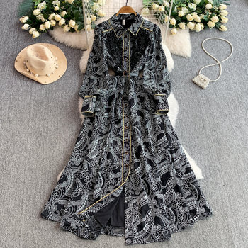 European and American Style High-End Light Luxury Embroidered Beaded Lapel Dress for Women, Spring and Autumn Button-Down Waist-Cinching Slimming Water-Soluble Lace Long Dress