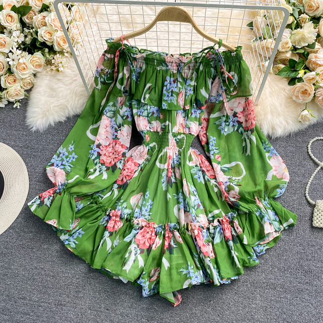 Seaside vacation one-shoulder off-the-shoulder printed chiffon jumpsuit skirt super fairy loose wide-leg pants shorts jumpsuit