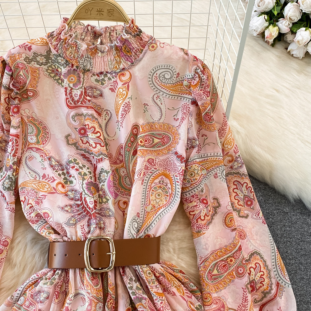 Standing Collar Neckline Slim Fit Type Wholesale Women's Vintage Style Printing Banquet Standing Collar Long Sleeve Swing Dress