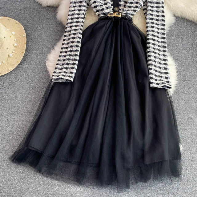 Autumn and winter high-end sense of small fragrance style celebrity temperament lapel plaid knitted waist slimming A-line mesh dress