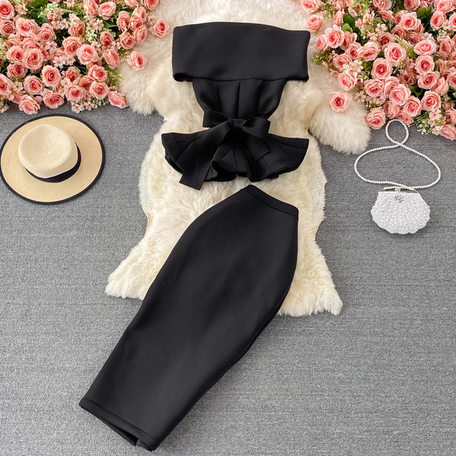 One-shoulder off-the-shoulder tube top with waist and ruffled crop top two-piece suit high-waisted mid-length package hip skirt