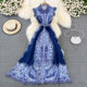 Retro palace style goddess Fan Mingyuan temperament single-breasted lapel print dress elegant a-line long skirt