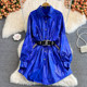 2023 Autumn New Metallic Snake Pattern Coat Women's Loose Belt Waist Slim Mid-Long Lapel Dress