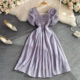 Summer French gentle wind square neck bubble short sleeve pleated waist thin mid-length a-line puffy dress women