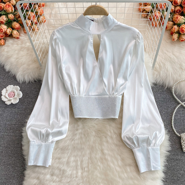 Autumn new Korean version stand collar chest hollow short hot diamond puff sleeve satin shirt female foreign style short top