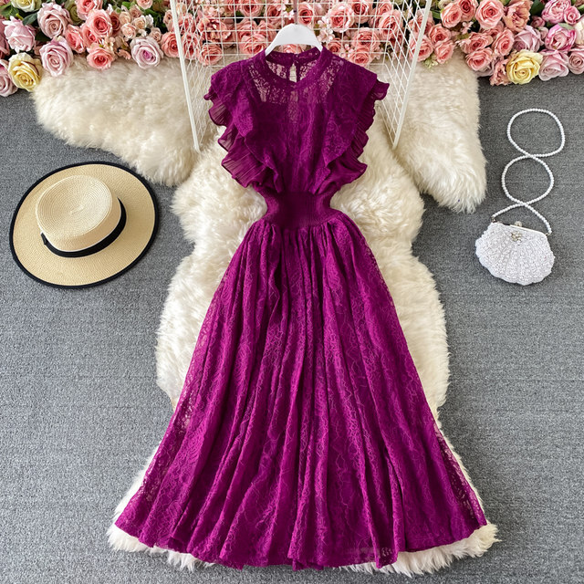 Spring and Autumn Lace Round Neck Dress Long Sleeve Fashion Slim Slim Elegant Ruffled Swing Long Dress Dress Skirt