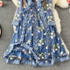 Fairy Super Fairy Sen Department Swing Long Skirt Autumn Light Luxury High-end Embroidered Mesh Floral Blue Stand Collar Dress