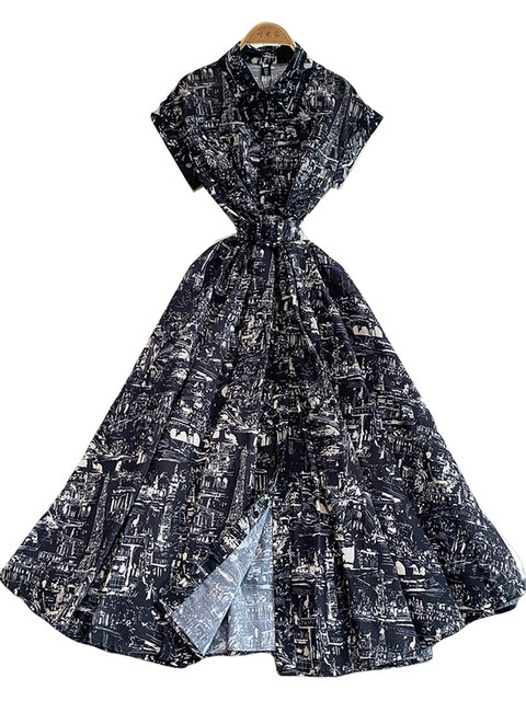 European and American style niche ink painting printed lapel shirt dress women's French lace-up waist slimming long skirt