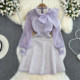 Xiaoxiang Style Bubble Long-sleeved Stand Collar Bowknot Beaded Mesh Splicing Received Waist Tweed A-Line Dress