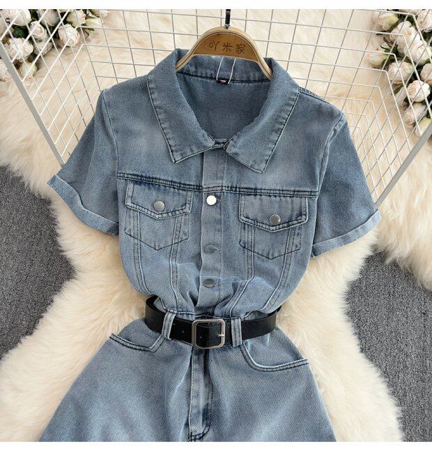 Боди/брюки 覆古港式单排扣翻领连衣裤高腰修身短袖牛仔连衣裤夏季