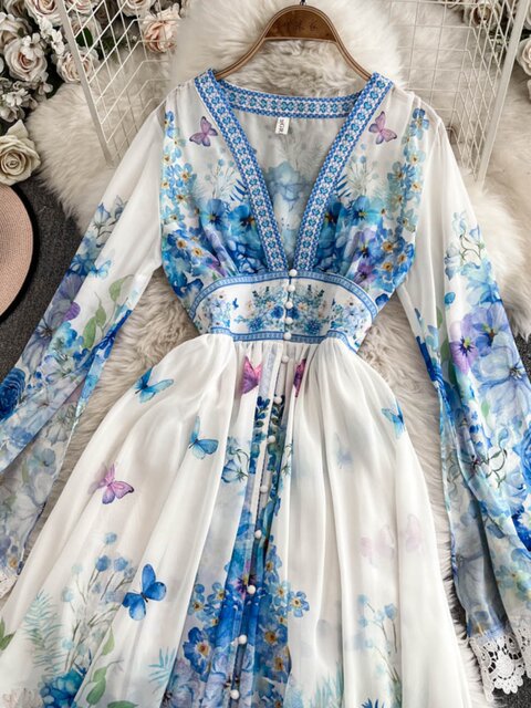 European and American palace style dress, sexy deep V-neck, buttoned waist, slimming and long design, printed temperament dress