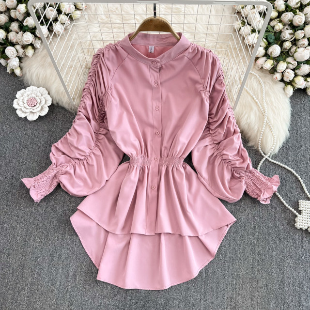 2023 autumn new style stand collar lantern sleeves loose irregular waist ruffled shirt women's western style long-sleeved top